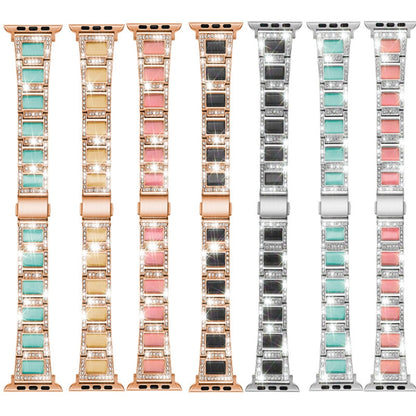 Three-beads Diamond + Gemstone Watch Band For Apple Watch Ultra 49mm&Watch Ultra 2 49mm / Series 9&8&7 45mm / SE 3&SE 2&6&SE&5&4 44mm / 3&2&1 42mm(Rose Gold Black) by bashfashion