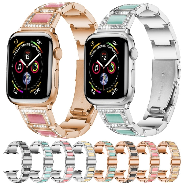 Three-beads Diamond + Gemstone Watch Band For Apple Watch Ultra 49mm&Watch Ultra 2 49mm / Series 9&8&7 45mm / SE 3&SE 2&6&SE&5&4 44mm / 3&2&1 42mm(Rose Gold Black) by bashfashion