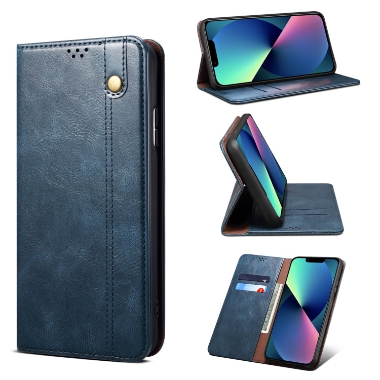 For iPhone 13 Simple Wax Crazy Horse Texture Horizontal Flip Leather Case with Card Slots & Wallet(Navy Blue) by bashfashion