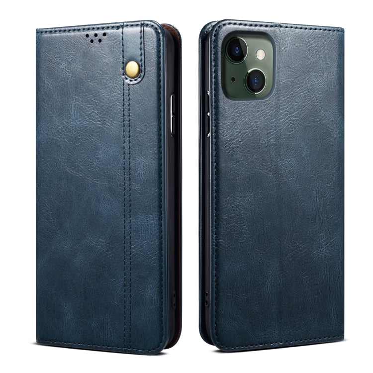 For iPhone 13 Simple Wax Crazy Horse Texture Horizontal Flip Leather Case with Card Slots & Wallet(Navy Blue) by bashfashion