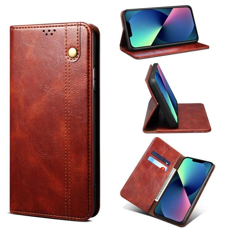 For iPhone 13 Simple Wax Crazy Horse Texture Horizontal Flip Leather Case with Card Slots & Wallet(Brown) by bashfashion