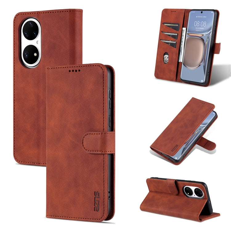 For Huawei P50 Pro AZNS Skin Feel Calf Texture Horizontal Flip Leather Case with Card Slots & Holder & Wallet(Brown) by AZNS