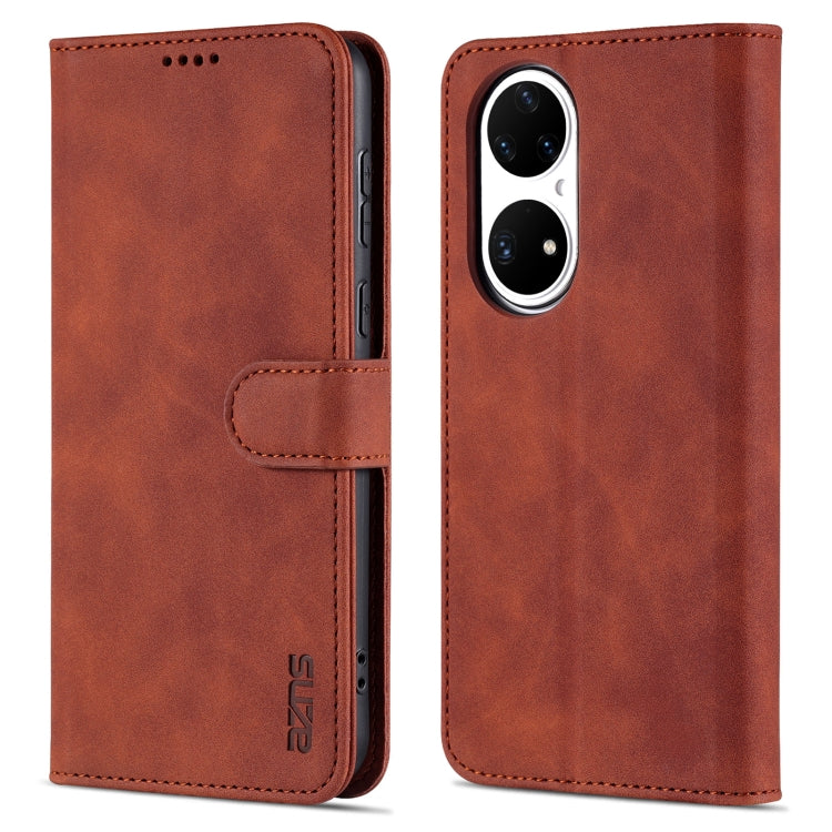 For Huawei P50 Pro AZNS Skin Feel Calf Texture Horizontal Flip Leather Case with Card Slots & Holder & Wallet(Brown) by AZNS