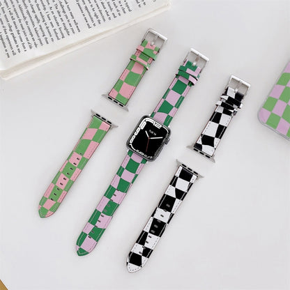 Checkerboard Leather Watch Band For Apple Watch Series 7 & 6 & SE & 5 & 4 40mm/3 & 2 & 1 38mm(Purple) by bashfashion