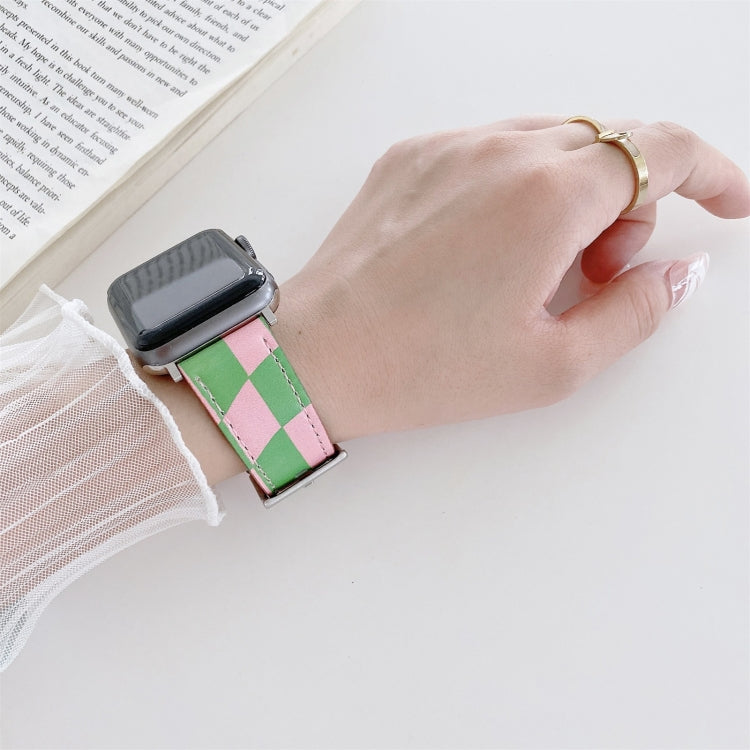 Checkerboard Leather Watch Band For Apple Watch Series 7 & 6 & SE & 5 & 4 40mm/3 & 2 & 1 38mm(Green Pink) by bashfashion