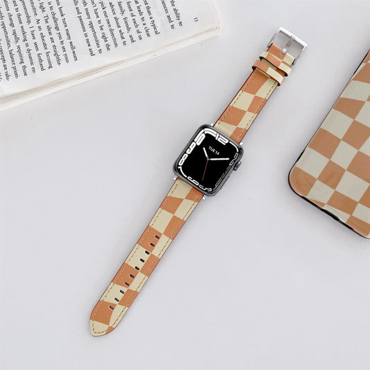 Checkerboard Leather Watch Band For Apple Watch Series 7 & 6 & SE & 5 & 4 44mm/3 & 2 & 1 42mm(Orange) by bashfashion