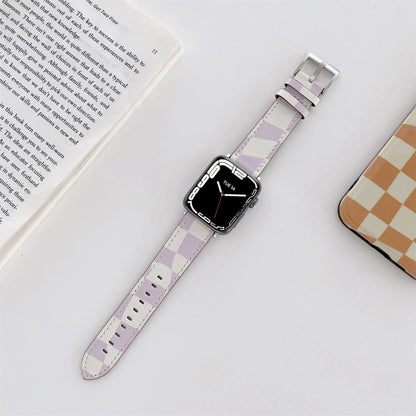 Checkerboard Leather Watch Band For Apple Watch Series 7 & 6 & SE & 5 & 4 44mm/3 & 2 & 1 42mm(Purple) by bashfashion