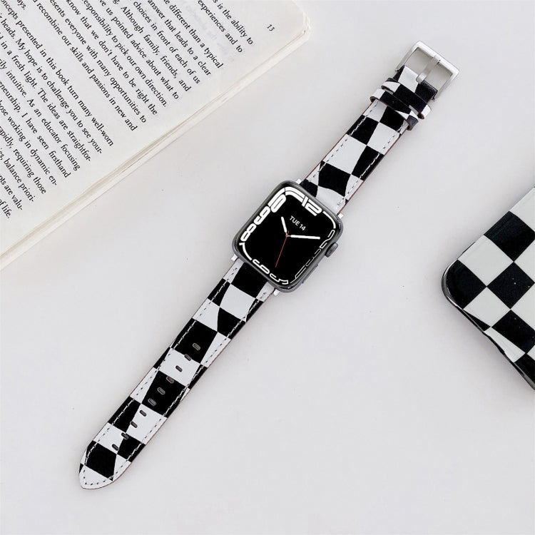 Checkerboard Leather Watch Band For Apple Watch Series 7 & 6 & SE & 5 & 4 44mm/3 & 2 & 1 42mm(Black) by bashfashion