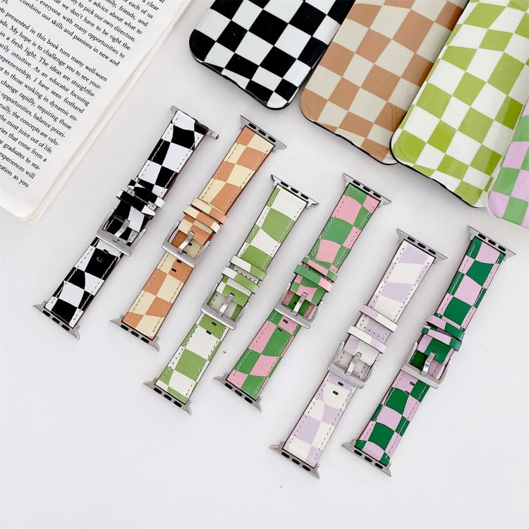Checkerboard Leather Watch Band For Apple Watch Series 7 & 6 & SE & 5 & 4 44mm/3 & 2 & 1 42mm(Green Pink) by bashfashion