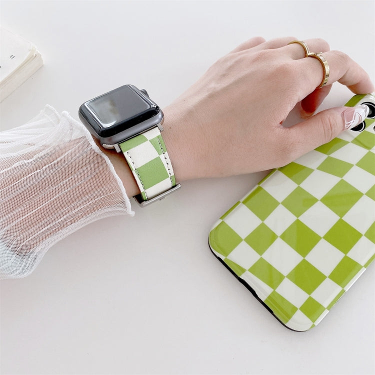 Checkerboard Leather Watch Band For Apple Watch Series 7 & 6 & SE & 5 & 4 44mm/3 & 2 & 1 42mm(Green Pink) by bashfashion