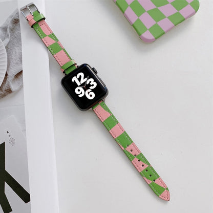 Slimming Checkerboard Leather Watch Band For Apple Watch Series 7 41mm/6&SE&5&4 40mm/3&2&1 38mm(Green Pink) by bashfashion