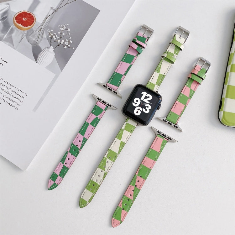 Slimming Checkerboard Leather Watch Band For Apple Watch Series 7 41mm/6&SE&5&4 40mm/3&2&1 38mm(Green Pink) by bashfashion