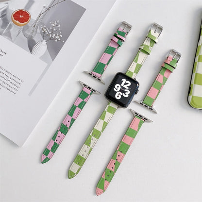 Slimming Checkerboard Leather Watch Band For Apple Watch Series 7 41mm/6&SE&5&4 40mm/3&2&1 38mm(Green Pink) by bashfashion