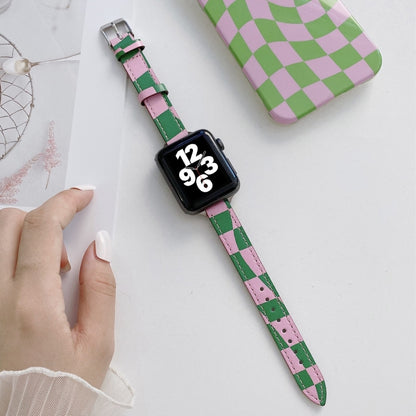 Slimming Checkerboard Leather Watch Band For Apple Watch Series 7 45mm/6&SE&5&4 44mm/3&2&1 42mm(Green Purple) by bashfashion