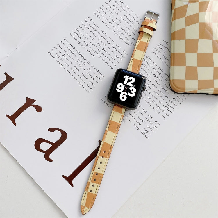 Slimming Checkerboard Leather Watch Band For Apple Watch Series 7 45mm/6&SE&5&4 44mm/3&2&1 42mm(Orange) by bashfashion