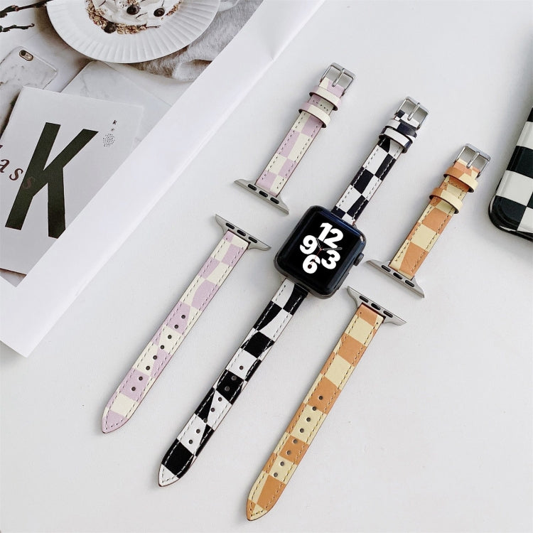 Slimming Checkerboard Leather Watch Band For Apple Watch Series 7 45mm/6&SE&5&4 44mm/3&2&1 42mm(Purple) by bashfashion