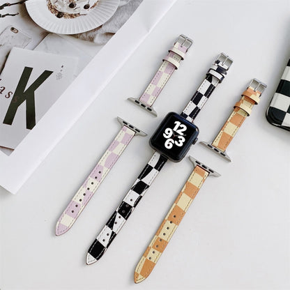 Slimming Checkerboard Leather Watch Band For Apple Watch Series 7 45mm/6&SE&5&4 44mm/3&2&1 42mm(Purple) by bashfashion