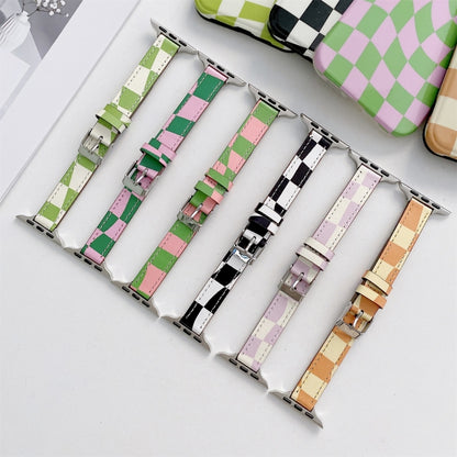 Slimming Checkerboard Leather Watch Band For Apple Watch Series 7 45mm/6&SE&5&4 44mm/3&2&1 42mm(Green Pink) by bashfashion