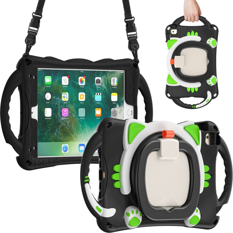 Cute Cat King Kids Shockproof Silicone Tablet Case with Holder & Shoulder Strap & Handle For iPad mini 2019 / 4 / 3 / 2 / 1(Black Green) by bashfashion