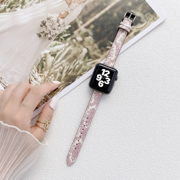 Small Slim Ethnic Leather Wrist Strap Watch Band For Apple Watch Series 9&8&7 41mm / SE 3&SE 2&6&SE&5&4 40mm / 3&2&1 38mm(Pink) by bashfashion