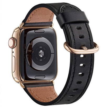 Round Buckle Leather Watch Band For Apple Watch Series 9&8&7 41mm / SE 3&SE 2&6&SE&5&4 40mm / 3&2&1 38mm(Black) by bashfashion