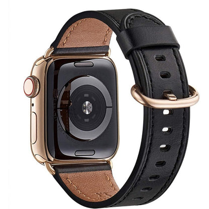 Round Buckle Leather Watch Band For Apple Watch Ultra 49mm&Watch Ultra 2 49mm / Series 9&8&7 45mm / SE 3&SE 2&6&SE&5&4 44mm / 3&2&1 42mm(Black) by bashfashion