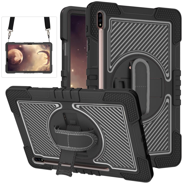 For Samsung Galaxy Tab S7 FE T730 / T735 / Tab S7+ T970 / T975 360 Degree Rotation Contrast Color Shockproof Silicone + PC Case with Holder & Hand Grip Strap & Shoulder Strap(Black) by bashfashion