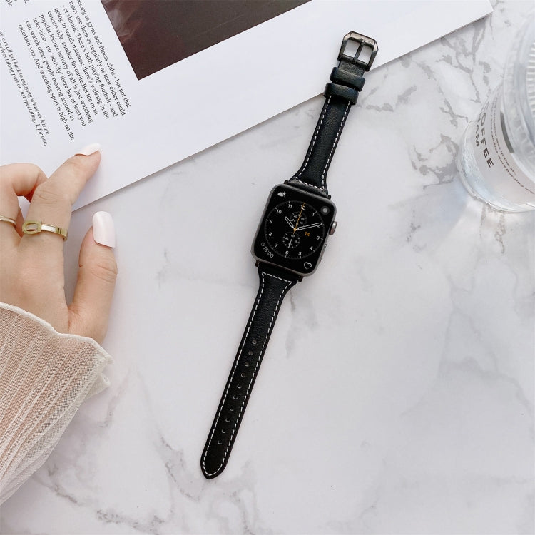 Sewing Plain Weave Small Waist Leather Watch Band For Apple Watch Series 9&8&7 41mm / SE 3&SE 2&6&SE&5&4 40mm / 3&2&1 38mm(Black) by bashfashion