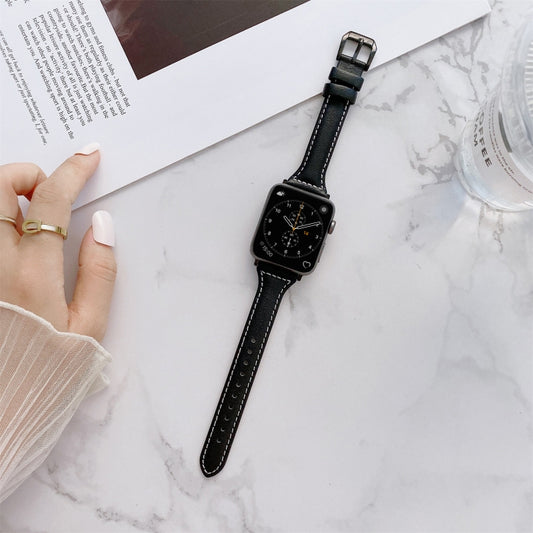 Sewing Plain Weave Small Waist Leather Watch Band For Apple Watch Series 9&8&7 41mm / SE 3&SE 2&6&SE&5&4 40mm / 3&2&1 38mm(Black) by bashfashion