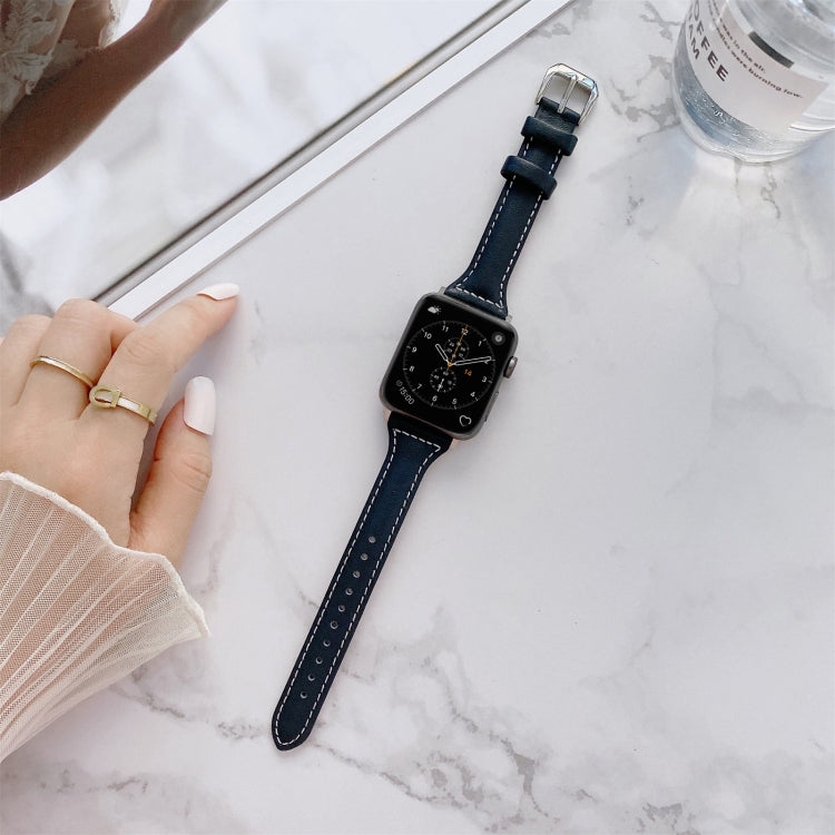 Sewing Plain Weave Small Waist Leather Watch Band For Apple Watch Series 9&8&7 41mm / SE 3&SE 2&6&SE&5&4 40mm / 3&2&1 38mm(Midnight Blue) by bashfashion