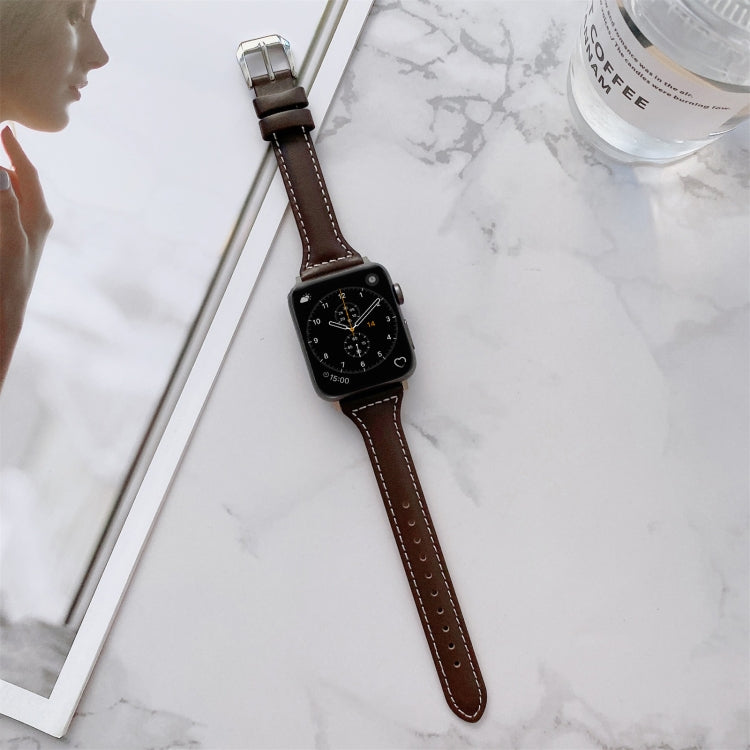 Sewing Plain Weave Small Waist Leather Watch Band For Apple Watch Ultra 49mm&Watch Ultra 2 49mm / Series 9&8&7 45mm / SE 3&SE 2&6&SE&5&4 44mm / 3&2&1 42mm(Coffee) by bashfashion