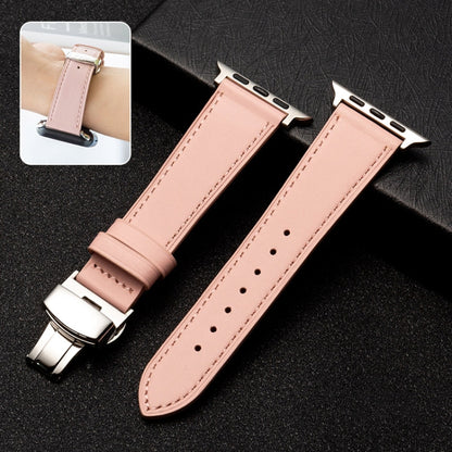 Butterfly Clasp Top Layer Cowhide Leather Strap Watch Band For Apple Watch Series 9&8&7 41mm / SE 3&SE 2&6&SE&5&4 40mm / 3&2&1 38mm(Pink) by bashfashion