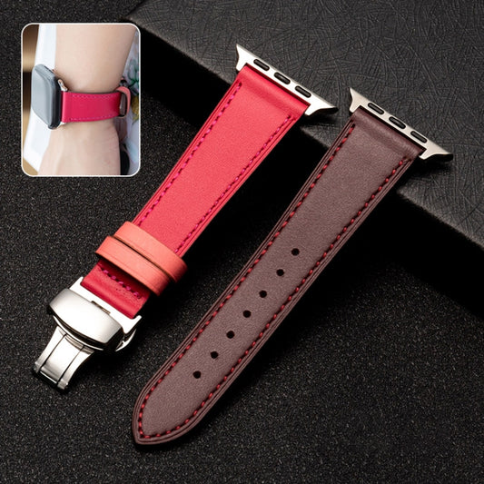 Butterfly Clasp Top Layer Cowhide Leather Strap Watch Band For Apple Watch Series 9&8&7 41mm / SE 3&SE 2&6&SE&5&4 40mm / 3&2&1 38mm(Red) by bashfashion