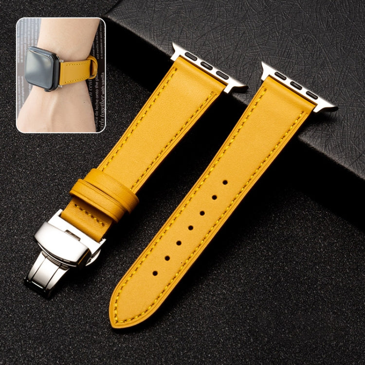 Butterfly Clasp Top Layer Cowhide Leather Strap Watch Band For Apple Watch Series 9&8&7 41mm / SE 3&SE 2&6&SE&5&4 40mm / 3&2&1 38mm(Yellow) by bashfashion