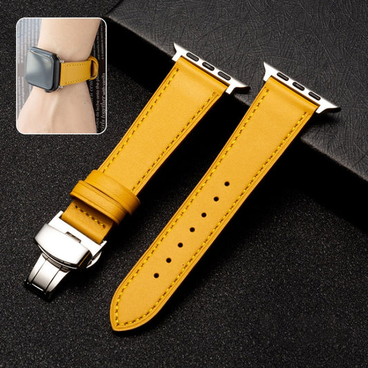 Butterfly Clasp Top Layer Cowhide Leather Strap Watch Band For Apple Watch Series 9&8&7 41mm / SE 3&SE 2&6&SE&5&4 40mm / 3&2&1 38mm(Yellow) by bashfashion