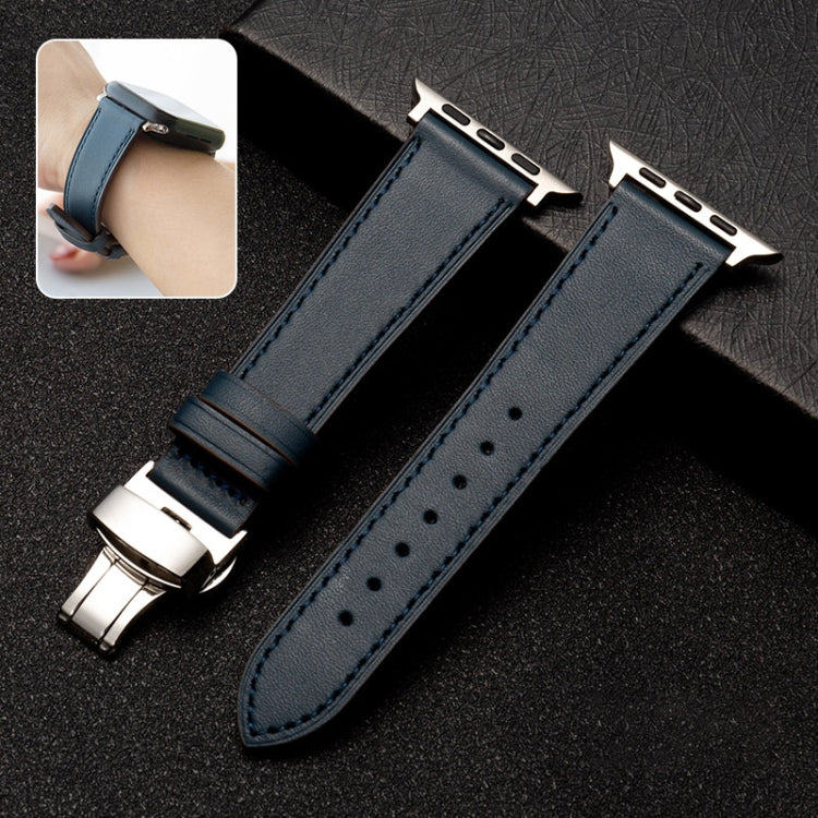 Butterfly Clasp Top Layer Cowhide Leather Strap Watch Band For Apple Watch Series 9&8&7 41mm / SE 3&SE 2&6&SE&5&4 40mm / 3&2&1 38mm(Blue) by bashfashion