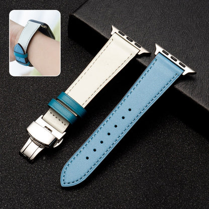Butterfly Clasp Top Layer Cowhide Leather Strap Watch Band For Apple Watch Ultra 49mm&Watch Ultra 2 49mm / Series 9&8&7 45mm / SE 3&SE 2&6&SE&5&4 44mm / 3&2&1 42mm(Baby Blue) by bashfashion