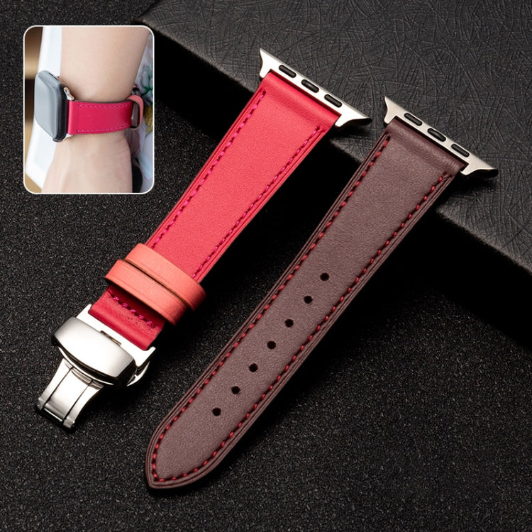 Butterfly Clasp Top Layer Cowhide Leather Strap Watch Band For Apple Watch Ultra 49mm&Watch Ultra 2 49mm / Series 9&8&7 45mm / SE 3&SE 2&6&SE&5&4 44mm / 3&2&1 42mm(Red) by bashfashion