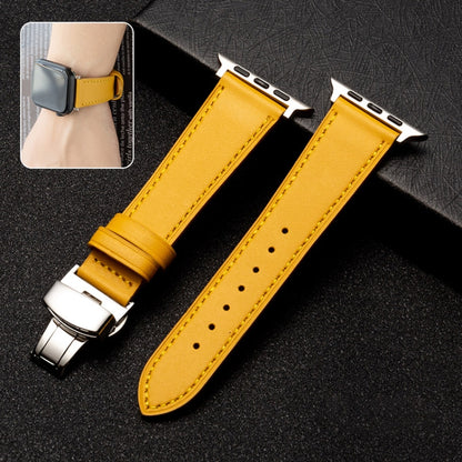 Butterfly Clasp Top Layer Cowhide Leather Strap Watch Band For Apple Watch Ultra 49mm&Watch Ultra 2 49mm / Series 9&8&7 45mm / SE 3&SE 2&6&SE&5&4 44mm / 3&2&1 42mm(Yellow) by bashfashion