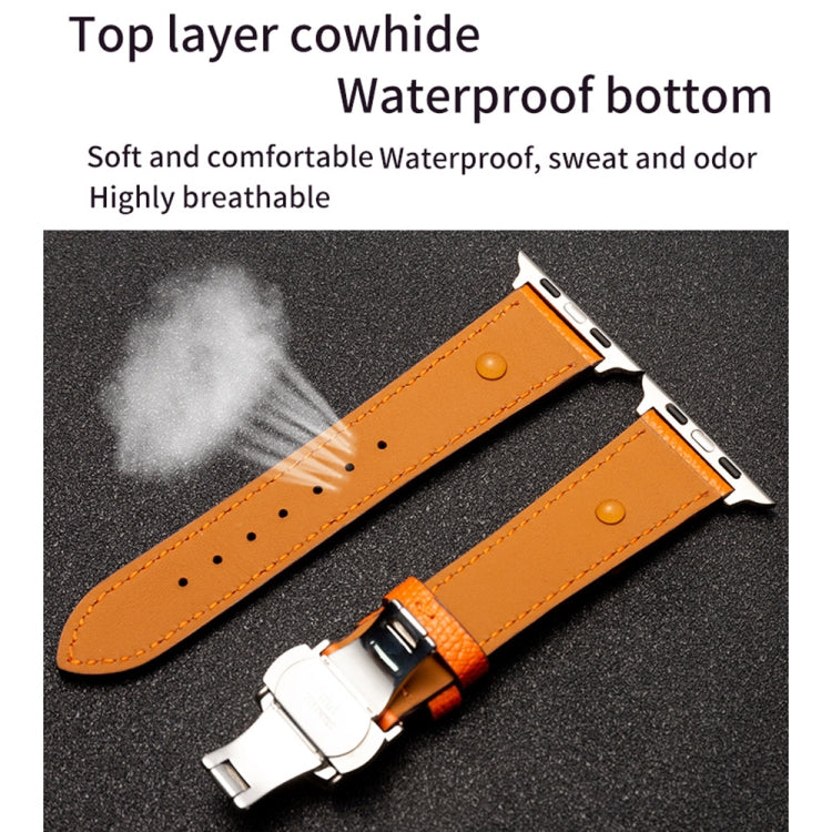 Butterfly Clasp Top Layer Cowhide Leather Strap Watch Band For Apple Watch Ultra 49mm&Watch Ultra 2 49mm / Series 9&8&7 45mm / SE 3&SE 2&6&SE&5&4 44mm / 3&2&1 42mm(Red) by bashfashion