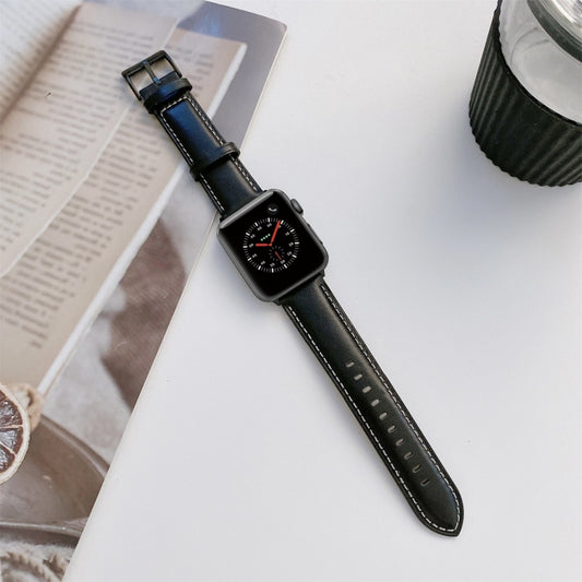 Sewing Leather Watch Band For Apple Watch Series 9&8&7 41mm / SE 3&SE 2&6&SE&5&4 40mm / 3&2&1 38mm(Black) by bashfashion