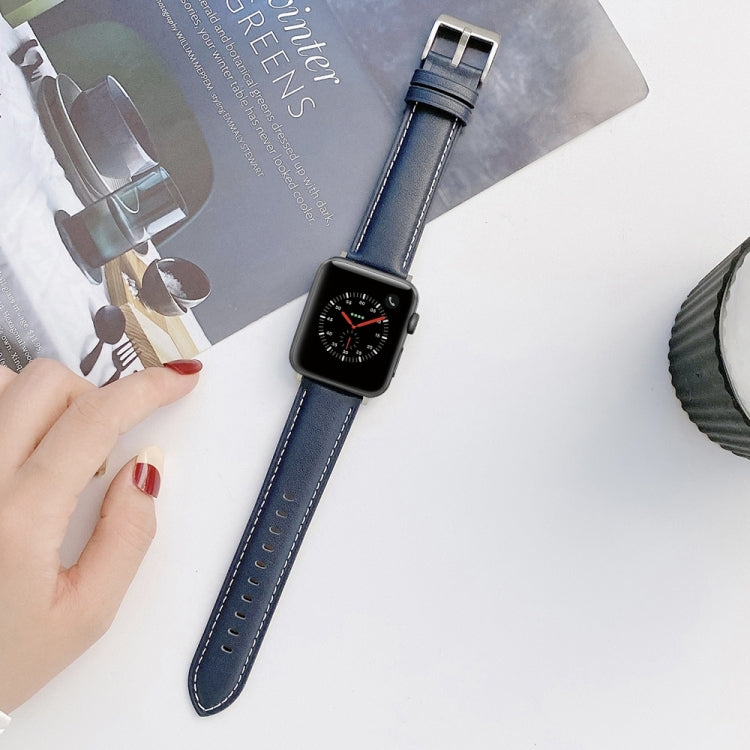 Sewing Leather Watch Band For Apple Watch Ultra 49mm&Watch Ultra 2 49mm / Series 9&8&7 45mm / SE 3&SE 2&6&SE&5&4 44mm / 3&2&1 42mm(Blue) by bashfashion