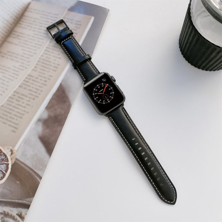 Sewing Leather Watch Band For Apple Watch Ultra 49mm&Watch Ultra 2 49mm / Series 9&8&7 45mm / SE 3&SE 2&6&SE&5&4 44mm / 3&2&1 42mm(Black) by bashfashion