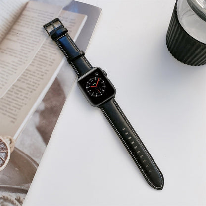 Sewing Leather Watch Band For Apple Watch Ultra 49mm&Watch Ultra 2 49mm / Series 9&8&7 45mm / SE 3&SE 2&6&SE&5&4 44mm / 3&2&1 42mm(Black) by bashfashion