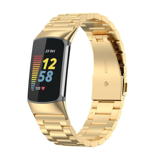 For Fitbit Charge 5 Three-bead Stainless Steel Watch Band(Gold) by bashfashion
