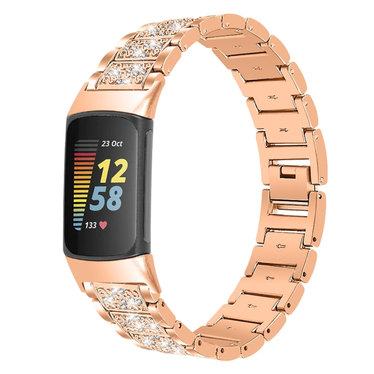 For Fitbit Charge 5 Diamond Stainless Steel Watch Band(Rose Gold) by bashfashion