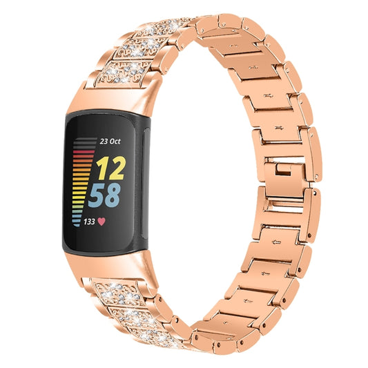 For Fitbit Charge 5 Diamond Stainless Steel Watch Band(Rose Gold) by bashfashion