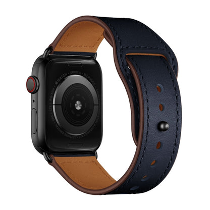 Leather Watch Band For Apple Watch Ultra 49mm&Watch Ultra 2 49mm / Series 9&8&7 45mm / SE 3&SE 2&6&SE&5&4 44mm / 3&2&1 42mm(Dark Blue Stitch Pattern + Black Buckle) by bashfashion