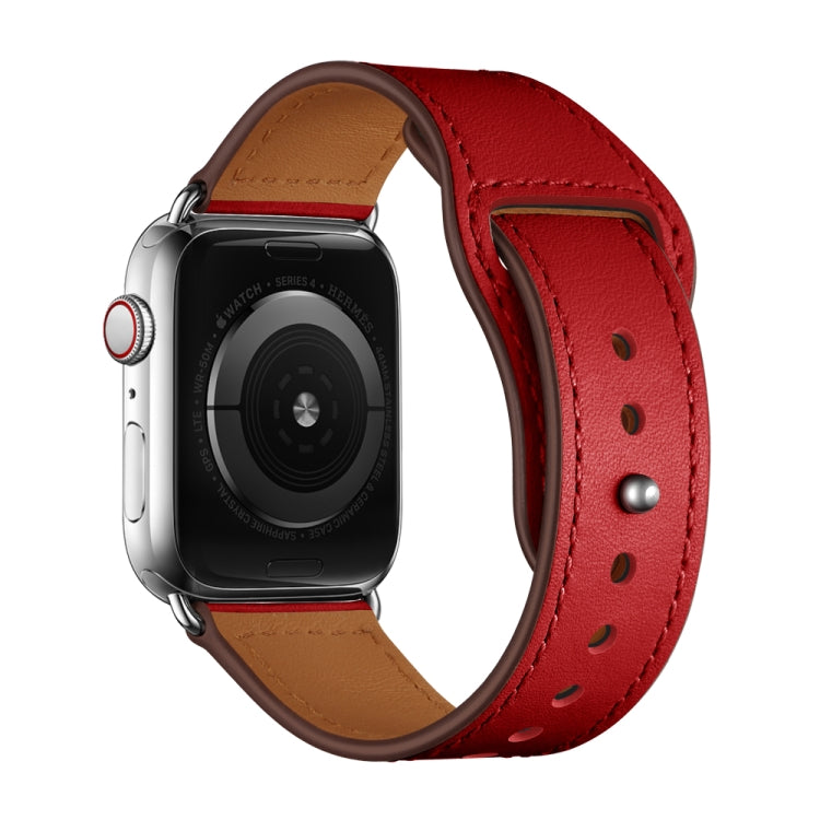 Leather Watch Band For Apple Watch Series 9&8&7 41mm / SE 3&SE 2&6&SE&5&4 40mm / 3&2&1 38mm(Dark Red Stitch Pattern + Silver Buckle) by bashfashion