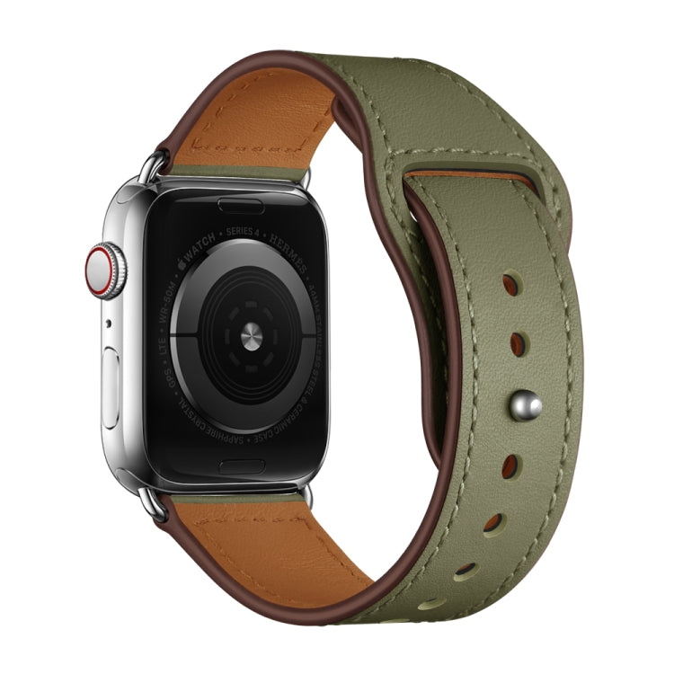 Leather Watch Band For Apple Watch Series 9&8&7 41mm / SE 3&SE 2&6&SE&5&4 40mm / 3&2&1 38mm(Army Green Needle Pattern+Silver Buckle) by bashfashion